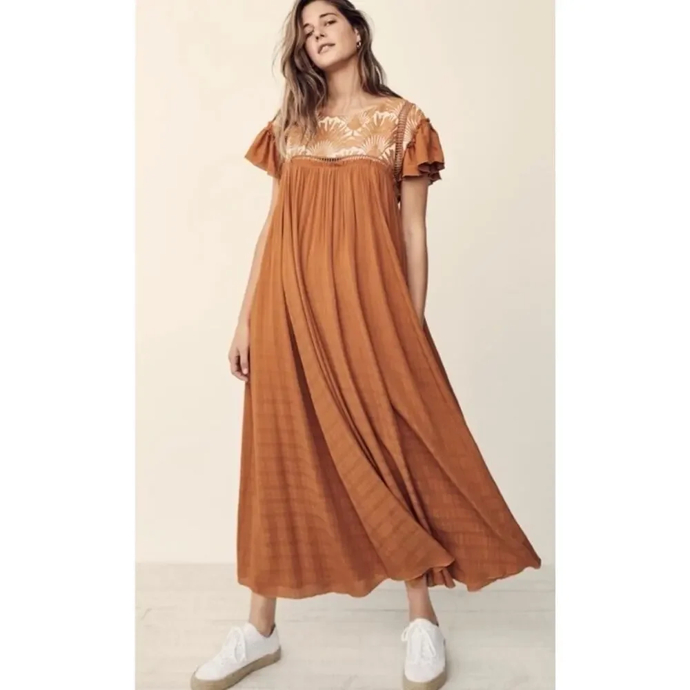 FREE PEOPLE Vintage Charm Relaxed Fit Flowy Embroidered Ruffled Midi Dress Sz XS - Picture 2 of 15